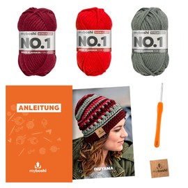 myboshi Inuyama Hat Crochet Set Including No. 1 Wool, Needle and Instructions for Hats and Scarves, Crochet Pack, 30% Merino Wool Grey with Crochet Hook