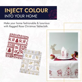 Ragged Rose Christmas Table Cloth - Festive Linen Tablecloth with Nordic Style Prints for Living Room & Kitchen - Cotton Tablecloth That Fits a 6-7 Ft Table (WHITE ON RED EMBROIDERD)