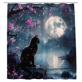 JONSEQIN Black Cat Shower Curtain Kitten and Cherry Blossoms Trees Under The Full Moon Rustic Red Floral Farmhouse Japanese Ink Painting Bathroom Decor Curtains 70x70 inch with Hook