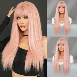 PARK YUN Pink Wig With Bangs Rose Gold Long Straight Wig 28 Inch Synthetic Heat Resistant Wig Natural Looking Wigs for Women Daily Wear