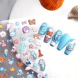 Abatare Summer Nail Art Stickers 5D Embossed Crab, Dolphin, Octopus Nail Decals Multicolor Marine Life Cartoon Designs Self-Adhesive Nail Art Supplies Accessories 1PCS