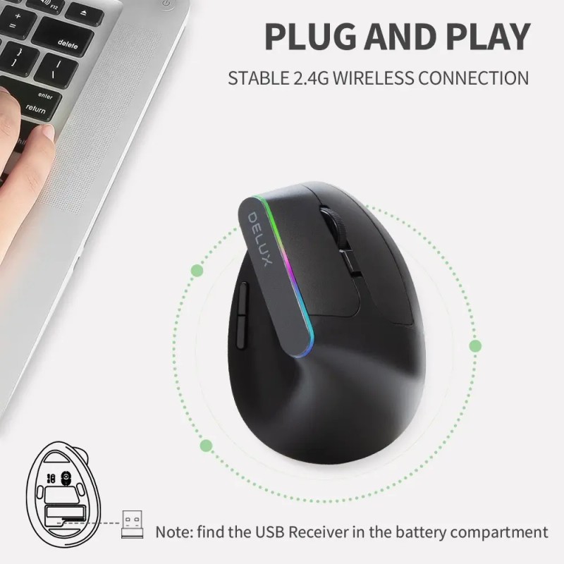 Delux Mouse Vertical Ergonómico Inalámbrico 2.4g Con 1600dpi