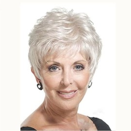 Ladies White Short Fluffy Curly Layered Wigs for Old Women Hair Heat Resistant Full Wigs Short Layer bangs Nature Hair (2 White)