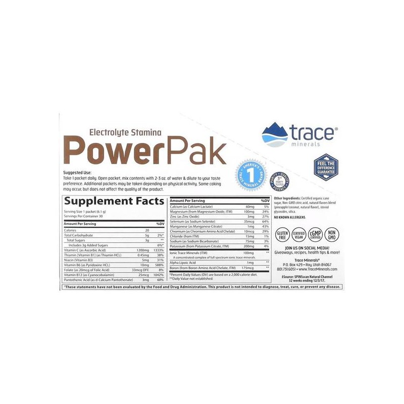미국직구 Trace Minerals 트레이스미네랄 파워팩 1200mg 비타민C 파인애플 코코넛맛 6.1g