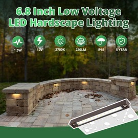 GKOLED 8 Pack 6.8 Inches LED Hardscape Lights, Low Voltage Retaining Wall Light Waterproof, 12V AC/DC Landscape Lighting, 1.5W 2700K, Classic Step Lights Outdoor, Die-cast Aluminum Housing