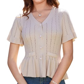 GRACE KARIN Women's Casual Summer Short Sleeve Cardigan V-Neck Button Cardigan Waist Ruffle Hem Cardigan Elegant Outing Cardigan, apricot