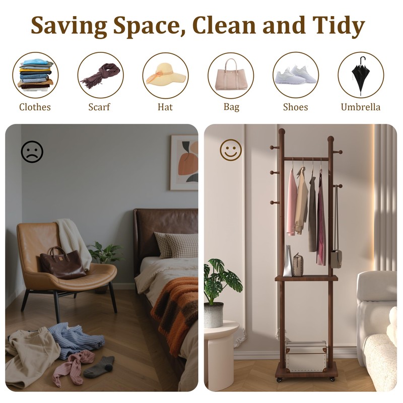 PZDJUMO Solid Wood Coat Rack Clothes Rack with Wheels &