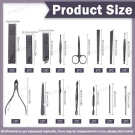 Swpeet 15Pcs Manicure Set, Nail Clippers Set, High Precisio Stainless Steel Nail Cutter Pedicure Kit Grooming Kit Manicure Fingernails & Toenails with Portable Stylish Case for Personal Care, Black