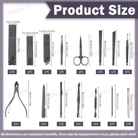 Swpeet 15Pcs Manicure Set, Nail Clippers Set, High Precisio Stainless Steel Nail Cutter Pedicure Kit Grooming Kit Manicure Fingernails & Toenails with Portable Stylish Case for Personal Care, Black