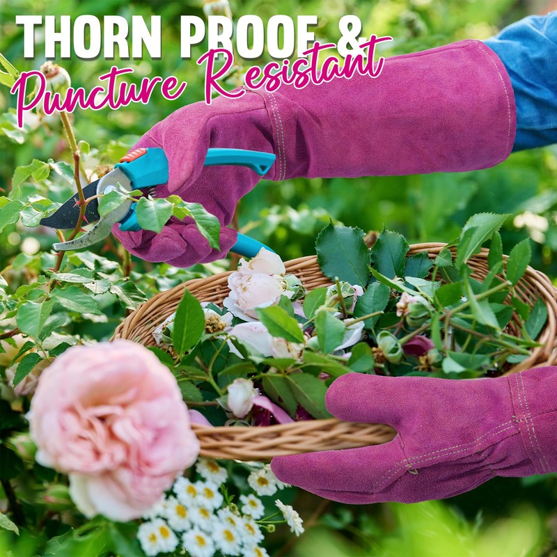 HANDLANDY Ladies Leather Gardening Gloves, Thorn Proof Long Gauntlet Garden