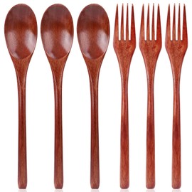 6pcs Wooden Spoons and Forks, 8.86 Inch Wood Spoons Flatware for Eating Reusable Serving Utensils Set for Stirring Cooking Tea Coffee Honey Sugar Jar Condiment Spoons Daily Use