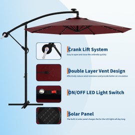 Garvee 10ft Solar Lights Offset Patio Umbrella, Cantilever Umbrella with Easy Lift & Tilt Adjustment, 8 Ribs Sun umbrella UV Protection for Backyard, Pool, Garden - Burgundy