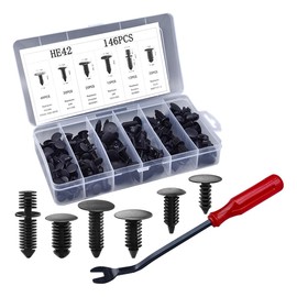 146PCS Auto Body Shield Retainer Fastener Clip Assortment Kit, 6 Popular Sizes Nylon Fenders Bumper Clips with Fastener Remover, Blind Rivets Double End Xmas Tree Retainer Rocker Moulding Clips