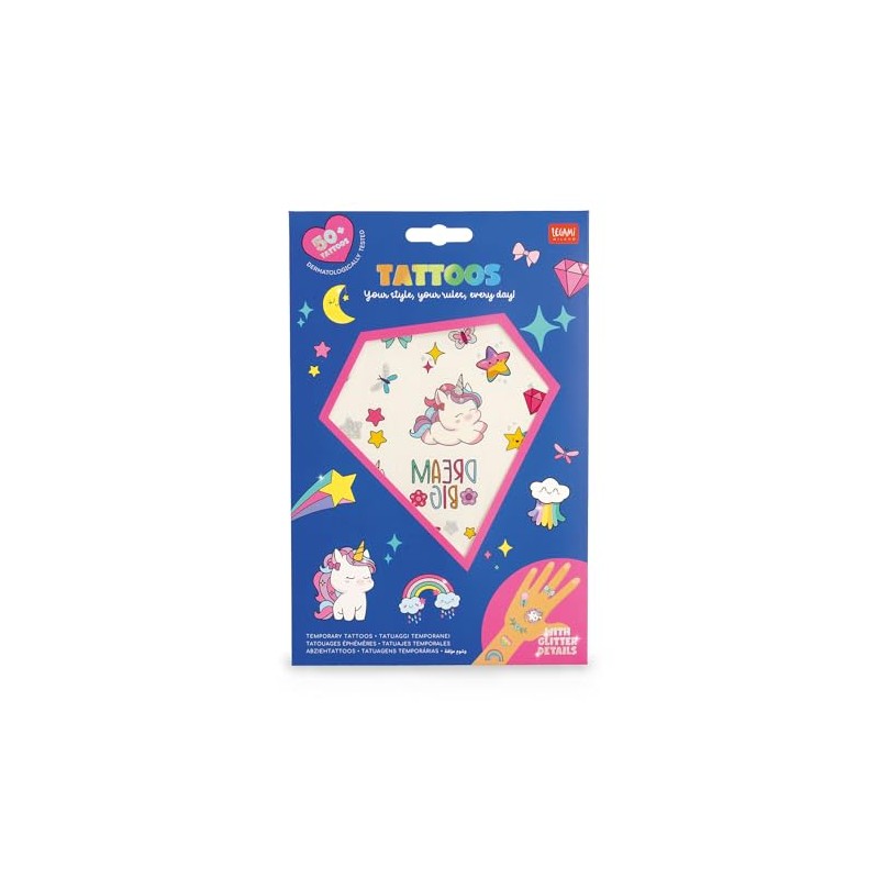 Legami - Temporary Tattoos for Kids Unicorn Theme, Washable, Sweat