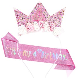 COLANANA 4th Birthday Decorations, Headband and 4 Year Old Glitter Sash Decoration for Girls,Flower Princess Headband for Birthday Girl Outfit