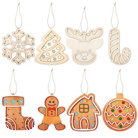 Gerrii 16 Pcs 6 Inch Christmas Wooden Coloring Crafts to Paint Unfinished Gingerbread Cookies Wood Slices Ornaments Double DIY Hanging Coloring Crafts with Strings for Xmas Tree Decor Party Supplies