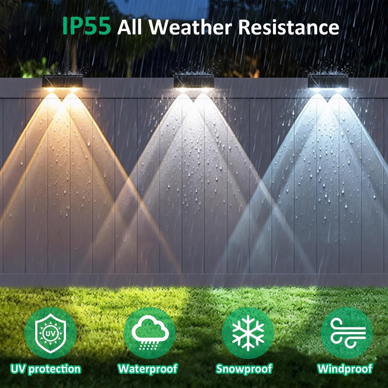 Srtyuo Solar Fence Lights Outdoor - 3 Color Modes(3000K/4000K/6000K), IP55