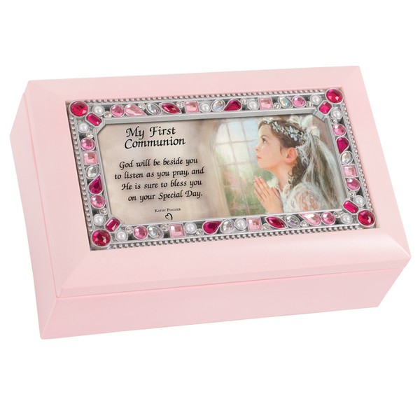 Cottage Garden First Communion God Beside You Matte Pink Jewelry Music Box Plays Jesus Loves Me