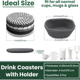 KITLAB Drink Coasters with Holder, Thick Woven Drinking Coasters for Kinds of Cups, Absorbent Coaster Sets for Tabletop Protection, Home Decor for Table, Coasters Set of 6