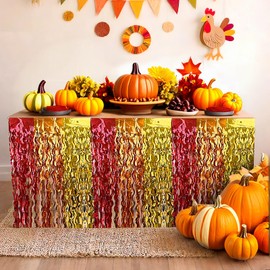 Thanksgiving Party Decorations, 2 Pack Orange Yellow Red Wavy Metallic Tinsel Foil Fringe Table Skirts for Rectangle and Round Table, Fall Baby Shower WeddingTable Decorations 29x108 Inch