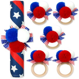 ETIUC 6PCS 4th of July Napkin Rings Patriotic Napkin Rings Holders Independence Day Serviette Rings Blue Red Pom Pom Napkin Rings for Memorial Day 4th of July Dinner Wedding Party Dining Table Decor