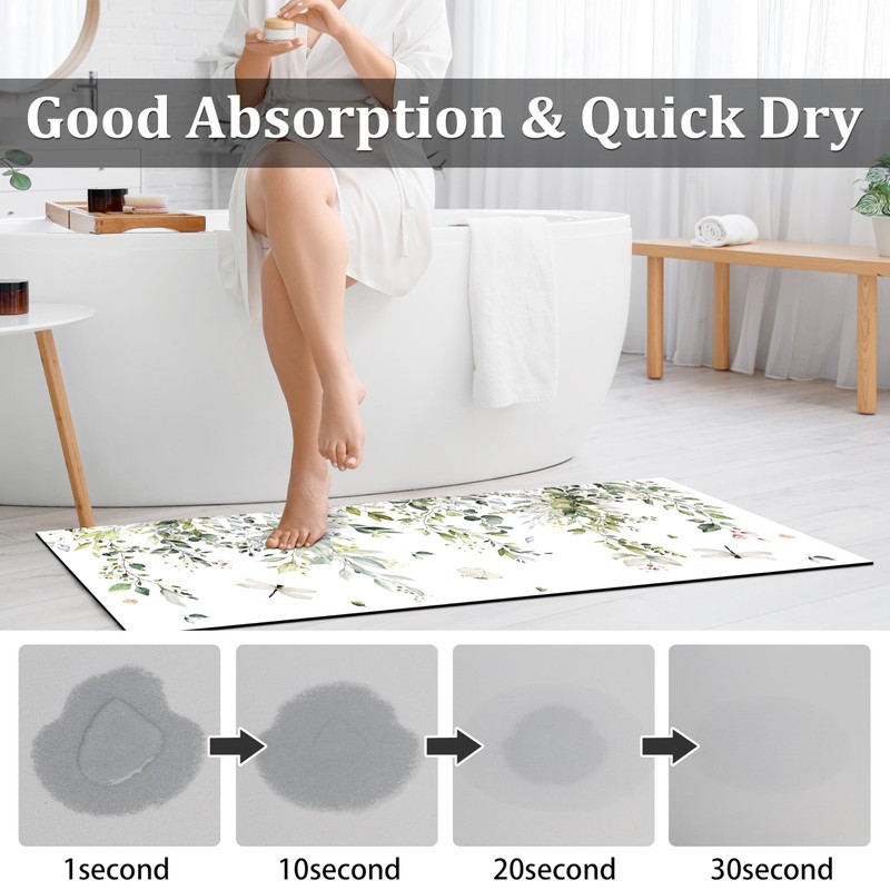 FNLNDO Sage Green Bathroom Rugs Long Leaf Bath Mats Eucalyptus