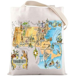 LEVLO Fun State Map Of Massachusetts Tote Bag Massachusetts Souvenir Gift 1940’s Massachusetts Illustration Shoulder Bag (MASSACHUSETTS Tote)