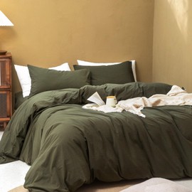 FOSSA Duvet Cover Set 100% Washed Cotton Linen Feel Super Soft Breathable Cozy 3 Pieces Bedding Sets Solid Olive Green Super King
