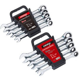 DISEN 10Pcs Ratcheting Wrench Set SAE & Metric Ratchet Wrench Set with Rack Organizer, Premium CR-V Steel, 12 Point, 72 Teeth, Box End and Open End Ratcheting Wrench Set