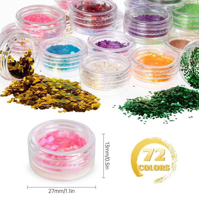 LOYALSE Glitter for Nails, 72 Colours Glitter Powder, Glitter Nails