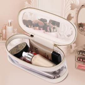 Pinkmik Clear Makeup Brush Bag Slim Brush Travel Cosmetic Case Waterproof Toiletry Makeup Bag with Zipper for Women (S/Beige, Slim L)