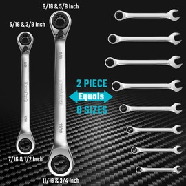DURATECH 4-in-1 Reversible Ratcheting Box Wrench Set, Double Box End, SAE, 2-Piece, 5/16, 3/8, 7/16, 1/2 & 9/16, 5/8, 11/16, 3/4-Inch, CR-V Steel, Mirror Polished, with Rolling Pouch