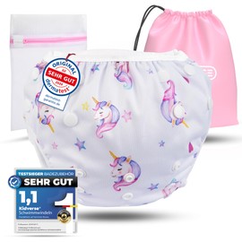 KIDVERSE Swimming Nappy, Baby Swimming Trunks, 0-3 Years, Skin-Friendly Swim Nappies, Reusable & Absorbent, Size Adjustable Swimming Nappy, Baby Swimming Trunks, Carry Bag & Laundry Net (White