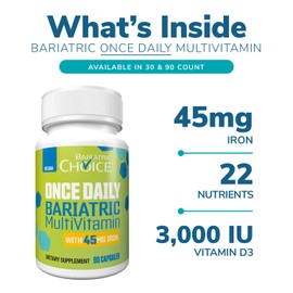 Bariatric Choice Once-Daily Bariatric Multivitamin with 45 mg of Iron | Easy to Swallow Capsule | Vitamin for Bariatric Surgery Patients | 30 Count (1-Month Supply)