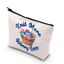 JNIAP Crochet Cosmetic Makeup Bag Crochet Gifts For Crocheters Knit More Worry Less Knitting Zipper Pouch Knitting Gifts (Knit More)