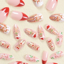Christmas Press on Nails Glossy Full Cover Acrylic Medium Almond Shaped Winter False Nails With Gingerbread Man Designs Artificial Holiday Fake Nails With Glue Ons Fingernails for Women