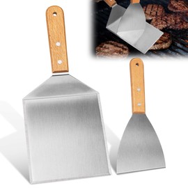 Set of 2 Burger Set, Stainless Steel Grill Spatula, Spatula, Spatula with Wooden Handles for Burger Press, Teppanyaki, Barbecue, Steak, Pizza