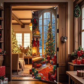Nuxovilar Christmas Tree Front Door Coverss Wrap Xmas Holiday House Hanging Banner Winter Wonderland Decorations for Party Outdoor/Indoor Home Decor Polyester (Christmas Tree Type C,35x71 Inches)