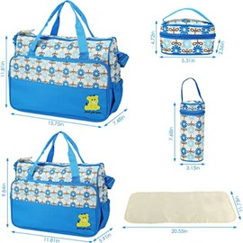 KOCASO 5PCS Baby Nappy Diaper Bags Set Mummy Diaper Shoulder Bags w/Nappy Changing Pad Insulated Pockets Travel Tote Bags For Mom Dad (Blue)