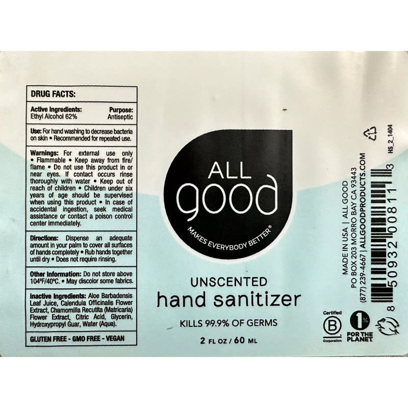 All Good Unscented Gel Hand Sanitizer 2oz - Set of