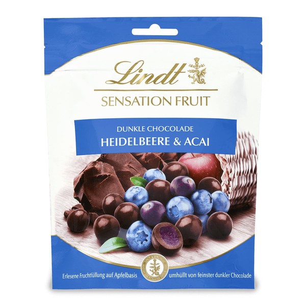 Lindt Schokolade Sensation Fruit Heidelbeere und Acai | 150 g | Dunkle feinherb Schokoladen Kugel mit erlesener Fruchtfüllung auf Apfelbasis | Pralinengeschenk | Schokoladengeschenk