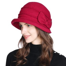 Winter Cloche Bucket Hat for Women Wool Elegant 1920s Vintage Fedora Bowler Church Derby Party Ladies Red
