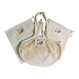 “Protect Our Oceans” Simple Ecology Organic Cotton Reusable Seal Gift & Starter Set (string produce saver bags, food storage, bulk bin, with tare weight tag and drawstring, waste free)