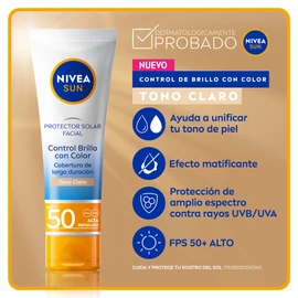 NIVEA SUN Protector Solar Facial Control de Brillo Tono Claro (50 ml) - Unifica tu Tono de Piel, FPS 50, No Grasoso - Para Todo Tipo de Piel