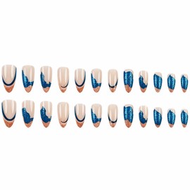 MERVF Almond Press on Nails Medium Fake Nails Gold French Tip Glue on Nails Blue Glitter Press ons Island Beach Design Stiletto Acrylic False Nails for Women Glossy 24pcs