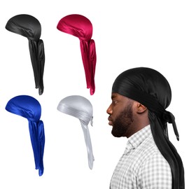 Nogeqi 4PCS Silky Durag for Men and Women, Durag Headwraps with Long Tail and Wide Straps, Soft Breathable Du Rags Men Silk Unisex Adults, Satin Durag for Men Waves Smooth as Silky (4 Colors)