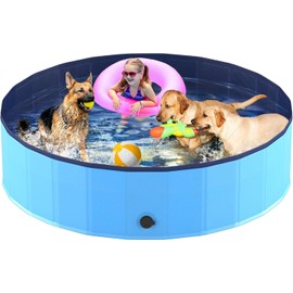 Extra Large Foldable Dog Pool XXL, Hard Plastic Shell Portable Swimming Pool for Dogs Cats and Kids Pet Puppy Bathing Tub Collapsible Kiddie Pool (67inch.D x 11.8inch.H, Blue)