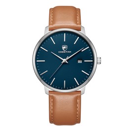CHEETAH Minimalist Waterproof Quartz Watches for Men Silver-Tone with Leather Strap, Blue Face Auto Date