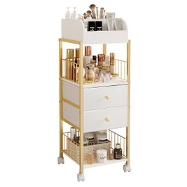 ZQUYAJ Makeup Organizer Storage Cart, Large Skincare organizers, Makeup Stand with Drawers, Makeup Vanity Organizer Cosmetics Display Cases Holder for Skin Care Nail Polish Perfume Makeup Brush (Gold)
