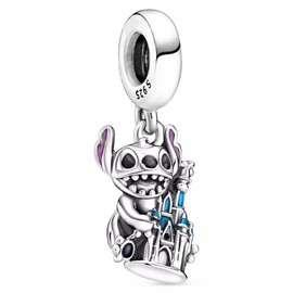 Beads R Us ® - Lilo & Stitch and Fantasyland Castle Dangle Charm in Sterling Silver 925 and Enamel, Compatible with all European style Charm Bracelets, Anklets and Necklaces.